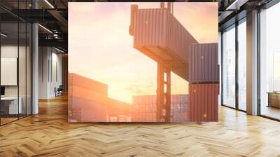 Forklift truck lifting cargo container in shipping yard for transportation import export and logistic industrial concept Wall mural