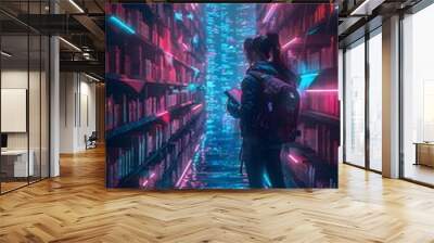 A student stands awestruck in a vast, neon-lit library of the future, digital screens replacing traditional bookshelves. Wall mural