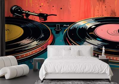 Artistic rendering of two turntables with spinning vinyl records, stylized with vibrant splashes of paint and a retro vibe. Wall mural