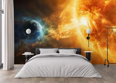 Planet Earth is shown with a spectacular view of an intense solar flare activity in the vastness of space. Wall mural