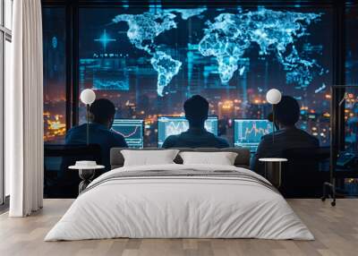 Visualize a dedicated cyber security team monitoring data screens in a high-tech command center. Wall mural