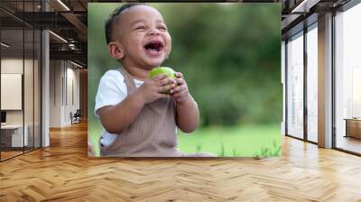 Adorable funny African baby boy enjoy with green apple on blanket in a green summer garden on a sunny morning Wall mural