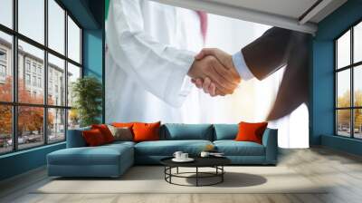 Arabian businessman hands shaking with Asian businessman in office, business concept Wall mural