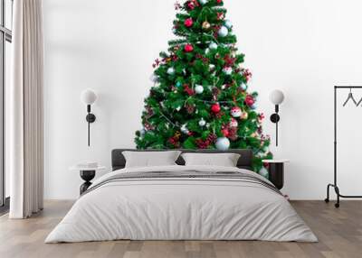 Beautiful Christmas Tree, full length image, decorated with ornament, balls and small lightings, the silver star on top, isolated on white background with clipping Path Wall mural