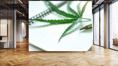 Cannabis leaf on book with pencil, Learning about cannabis leaf for medical treatment Wall mural