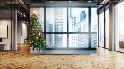 Christmas tree in modern office near big window and building view in city Wall mural