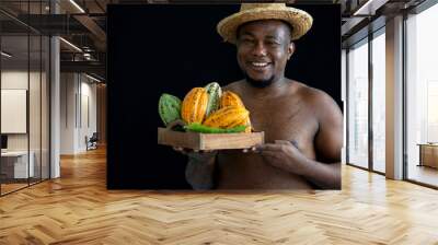 Happy shirtless African man farmers carry crates of cocoa fruit, looking at camera on black background Wall mural