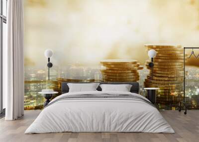 Double exposure of city and stack of coins for finance and banking concept Wall mural