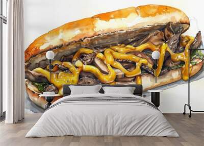 A cheesesteak sandwich with melted cheese, grilled onions and peppers on a toasted hoagie roll. Wall mural