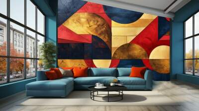 Abstract geometric shapes and patterns, with a bold color palette of crimson, gold, and navy blue Style Modern Wall mural