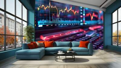 Hand with a virtual stock market display, representing digital trading Wall mural