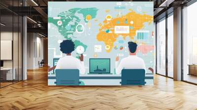 Scientific collaboration, global teamwork, flat design illustration Wall mural