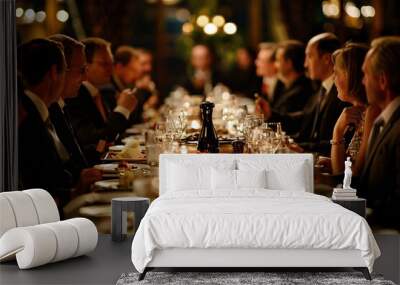 A formal business dinner with executives seated at an elegantly set table, discussing corporate strategies, captured in the style of Editorial Photography Wall mural