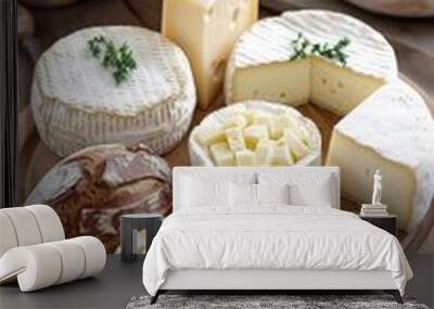 Artisanal Yorkshire Cheese Platter Featuring Local Varieties with Rustic Bread on Wooden Board Wall mural