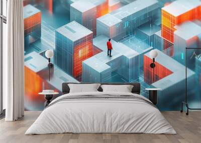 Businessman Strategically Navigating a Chaotic Maze of Charts and Graphs in Colorful Illus Wall mural