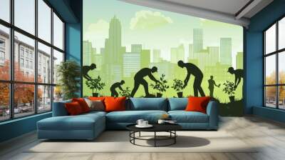 Corporate environmental responsibility, vector style, team planting saplings, green initiative Wall mural