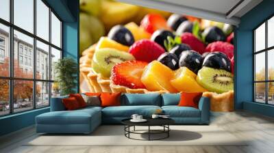 A detailed view of a vibrant fruit tart, with a golden crust and an array of fresh, glossy fruits arranged on top, exuding freshness Wall mural