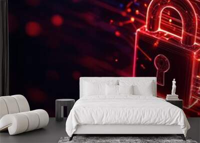 A glowing red digital lock symbol amidst a stream of data, symbolizing cybersecurity and protection. Wall mural