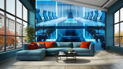 A hightech conference room with a holographic table projected directly onto the sleek Wall mural