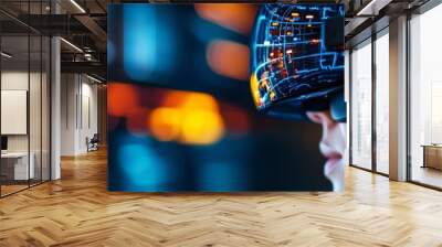 A person engaged in virtual reality experience, showcasing advanced technology and immersive interaction with digital environments. Wall mural