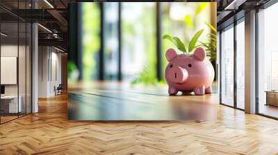 A pink piggy bank with a green plant on a wooden floor, symbolizing savings and growth in a modern indoor setting. Wall mural