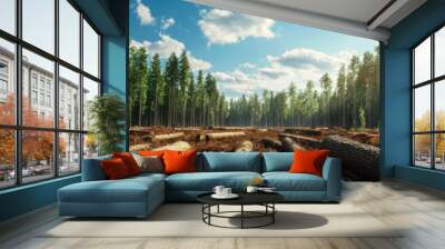 A serene forest landscape showing cut logs amidst lush trees and bright blue sky, highlighting nature's beauty and logging impact. Wall mural