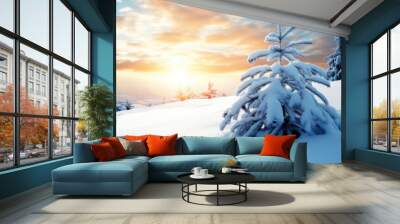 A serene winter landscape featuring a snow-covered tree against a vibrant sunset sky, capturing the beauty of nature in winter. Wall mural