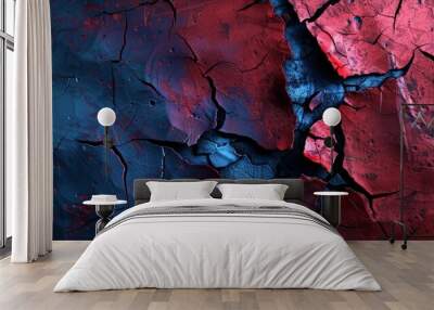 A textured abstract composition with a cracked and weathered surface painted in shades of cobalt blue and crimson, creating a sense of age and decay   Wall mural