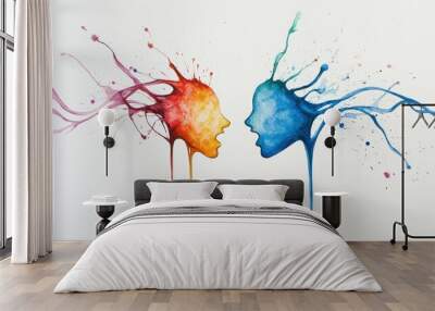 A vibrant abstract representation of two faces communicating through colorful paint splashes, symbolizing creativity and connection. Wall mural