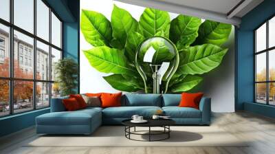 A vibrant green leaf surrounding a light bulb symbolizes eco-friendly energy and sustainability in a modern setting. Wall mural