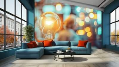 Abstract image of a light bulb with a blurred  businessman background. Wall mural