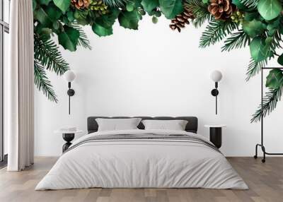 Beautiful green foliage and pinecones frame a blank white space, perfect for holiday greetings or seasonal decorations. Wall mural