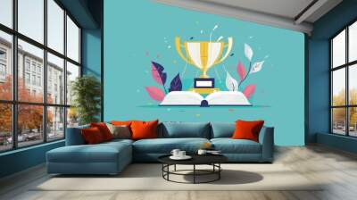 Book transitioning into a trophy in a vivid flat design animation, front view, highlighting the reward of education and success Wall mural