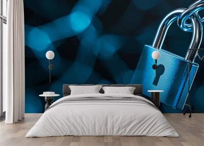 Close-up of a metallic padlock with a keyhole on a blurred blue background, symbolizing security and protection. Wall mural