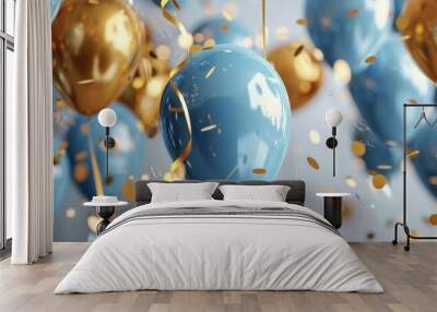 Corporate anniversary event, featuring elegant blue and gold balloon decorations, confetti creating a festive atmosphere, digital render for corporate marketing Wall mural