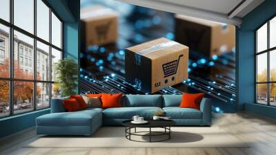 Digital representation of e-commerce with cardboard boxes on a tech background, symbolizing online shopping and delivery. Wall mural