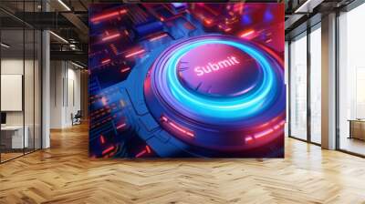 Glowing blue and red submit button on a futuristic control panel. Wall mural