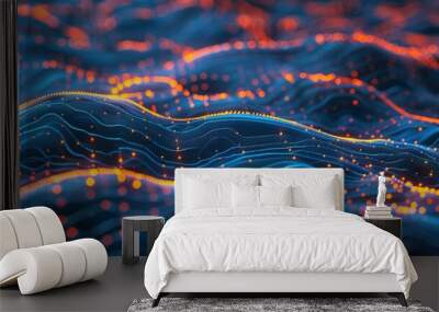 Intricate blue network with lines and orange glow, depicting a moving binary maze and wave patterns Wall mural