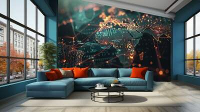 Network background images concept world map point and line node telecommunication internet 5G network communication transportation background blue and black technology futuristic  Wall mural