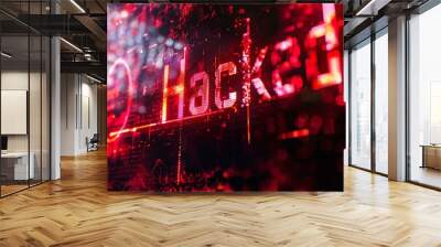 Red glowing letters saying hacked on dark background with binary code Wall mural