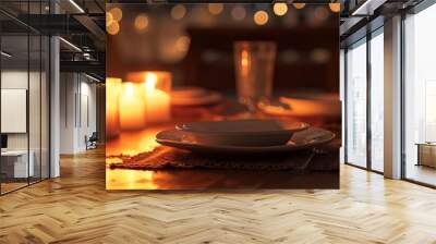 Vacant spot at a dinner table, plates set, candles burning, warm lighting, side-angle shot, intimate atmosphere  Wall mural