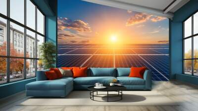 Vibrant sunset over solar panels, showcasing renewable energy technology and beautiful skies in a sustainable environment. Wall mural