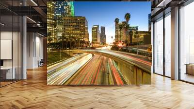 Downtown Los Angeles at night with car traffic light trails Wall mural