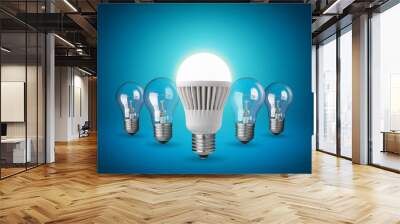 Idea concept with light bulbs on blue background Wall mural