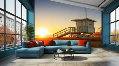 Santa Monica beach lifeguard tower in California USA at sunset Wall mural