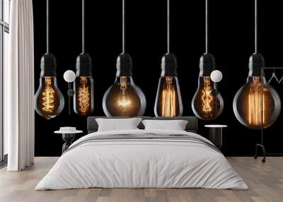 set of vintage glowing light bulbs on black background Wall mural