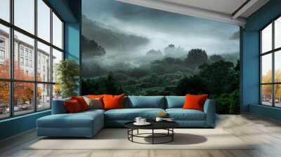 The wonderful and beautiful secret garden,the wave of misty sea float in the valley covered with forest at dawn. Wall mural