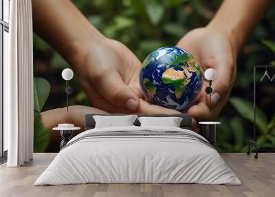 Child's hands holding green globe, symbol of global care and protection for our planet Wall mural