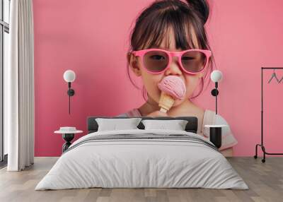 Cute asian child girl wearing casual clothes sunglasses eating cold ice cream Wall mural