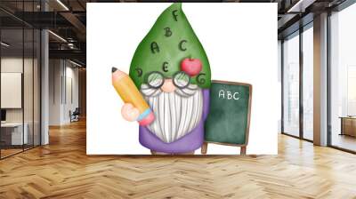 Digital painting watercolor back to school gnomes elements, student gnome isolated on white background Wall mural